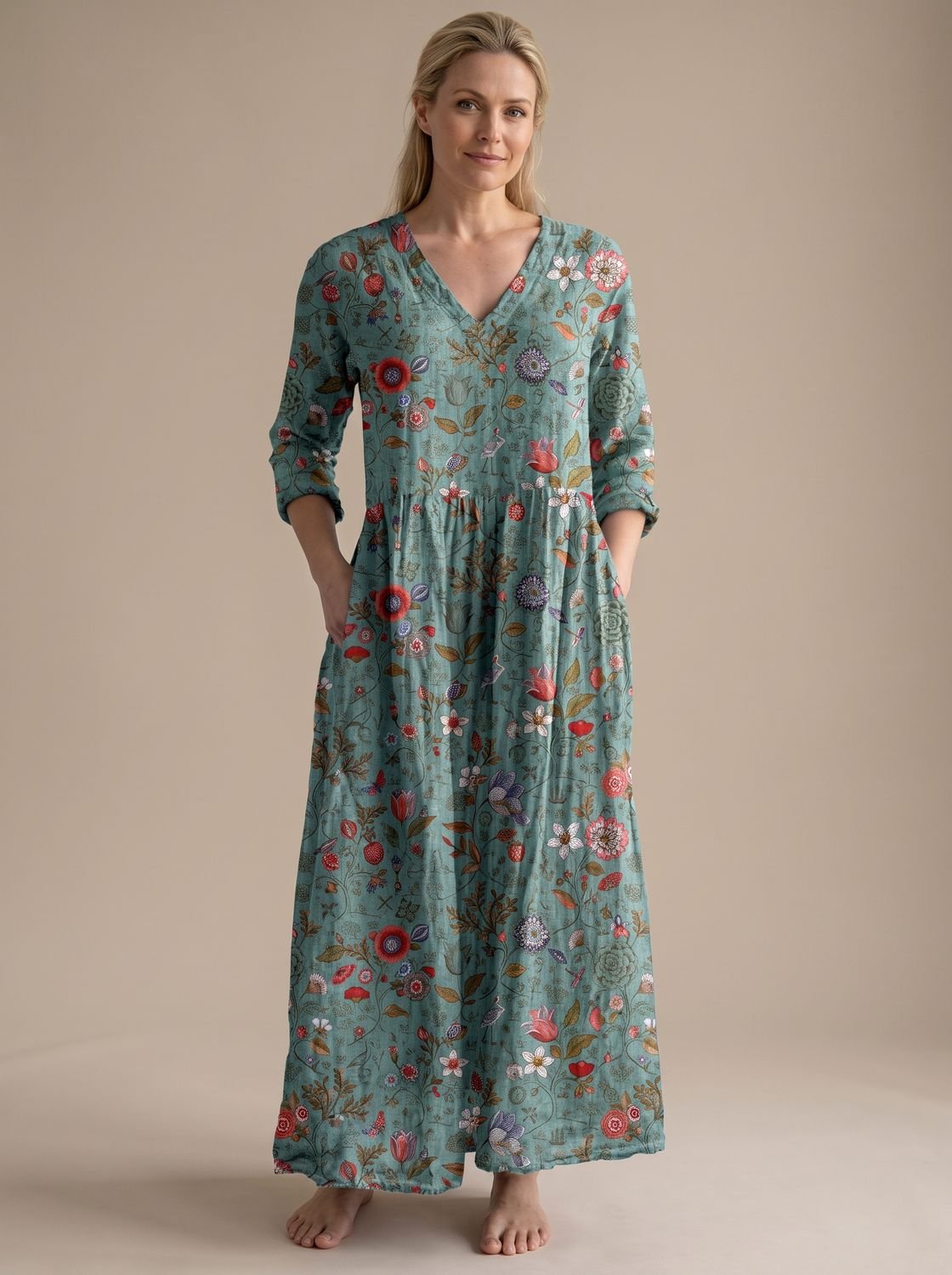 Women's Floral V-Neck Midi Dress with Smocked Waist and Pockets