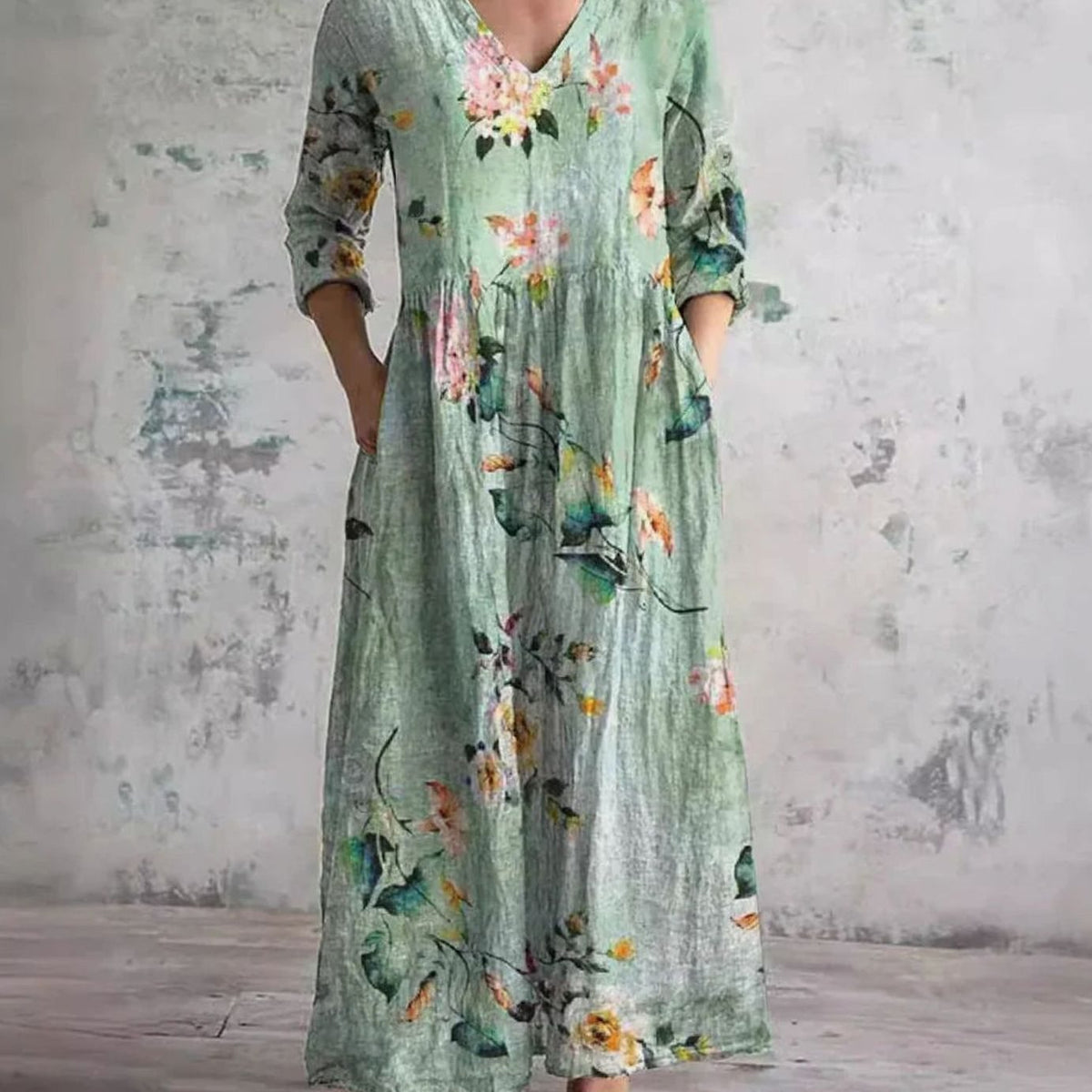 Women's Floral V-Neck Midi Dress with Smocked Waist and Pockets – Light Green