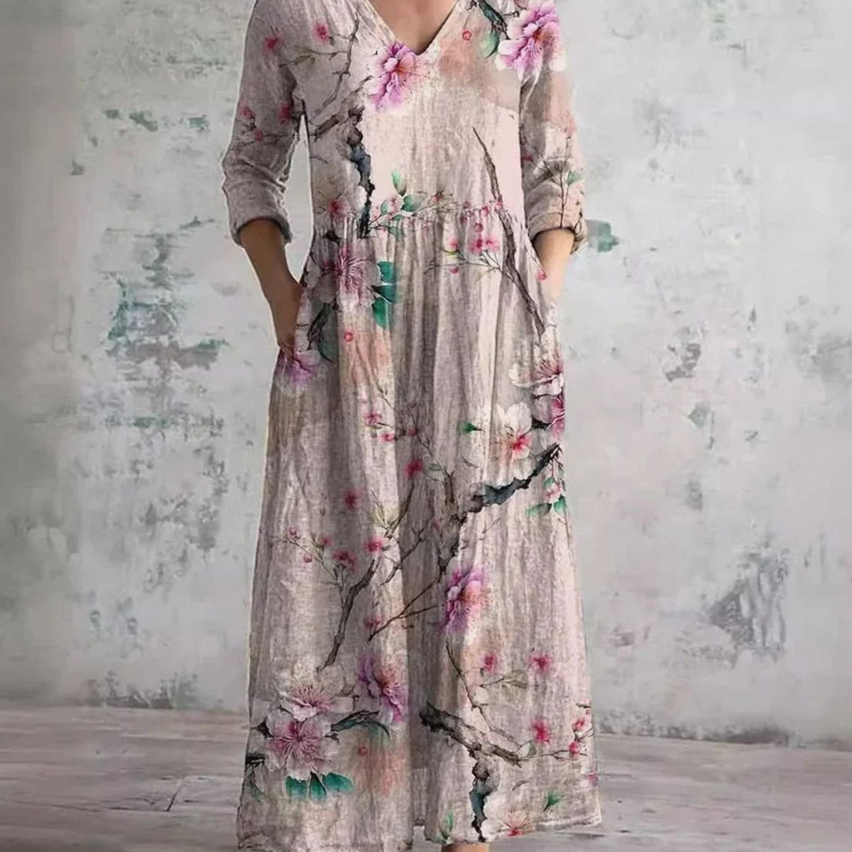Women's Floral V-Neck Midi Dress with Smocked Waist and Pockets – Pink