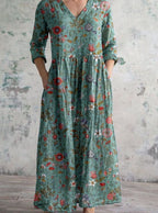 Women's Floral V-Neck Midi Dress with Smocked Waist and Pockets