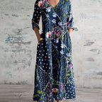 Women's Floral V-Neck Midi Dress with Smocked Waist and Pockets