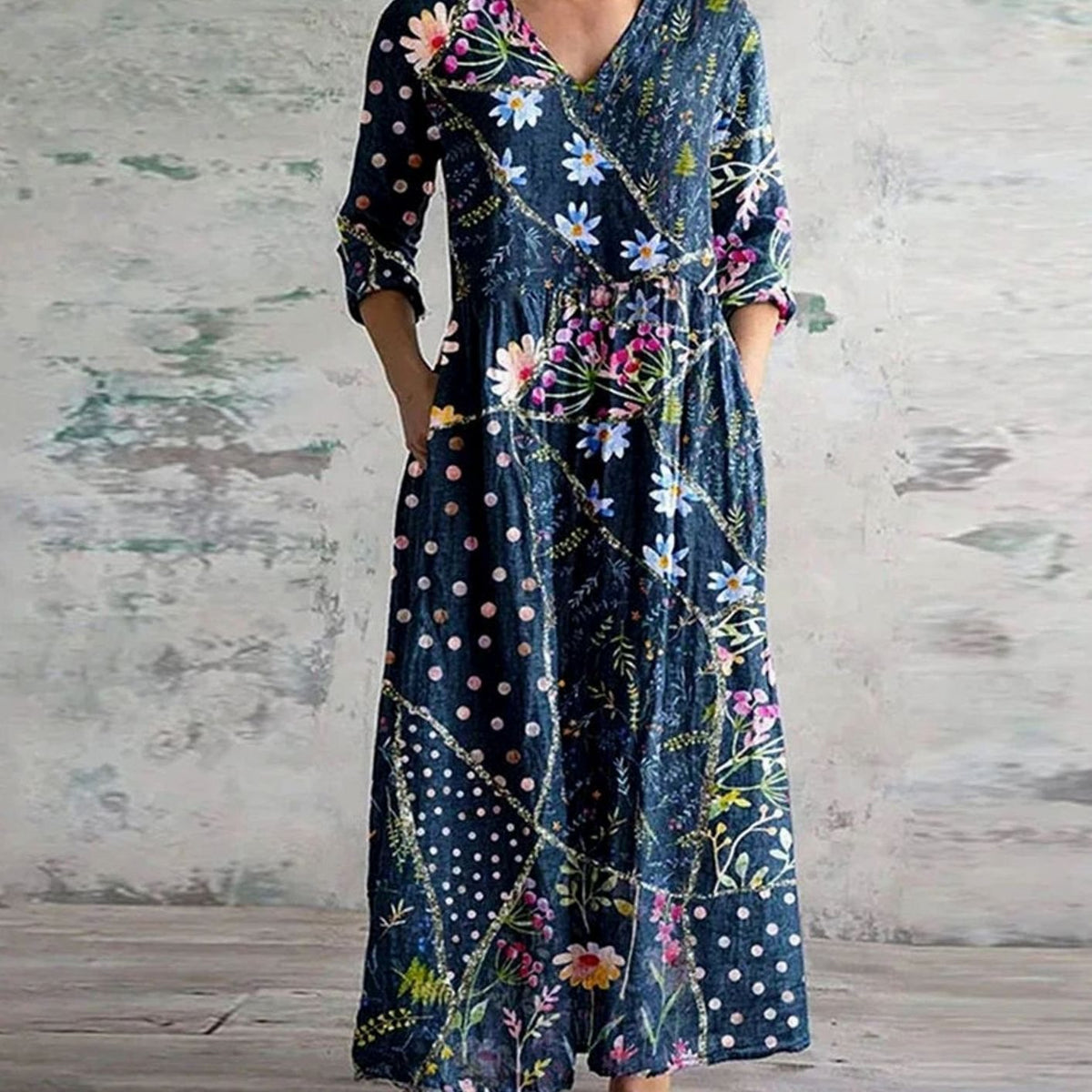 Women's Floral V-Neck Midi Dress with Smocked Waist and Pockets