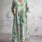 Women's Floral V-Neck Midi Dress with Smocked Waist and Pockets