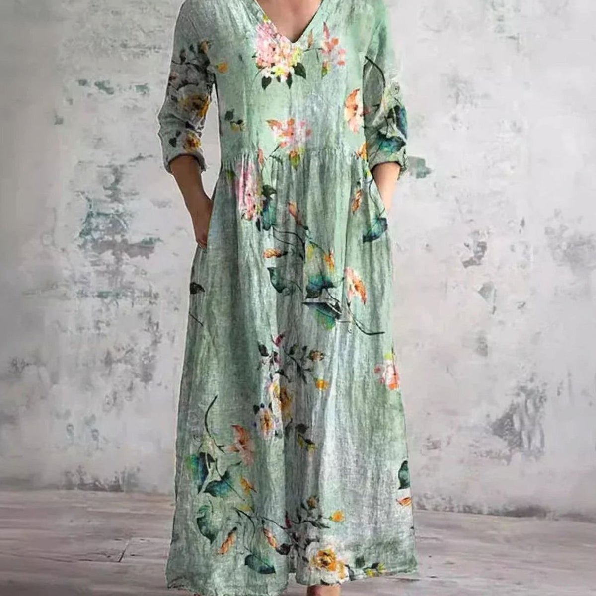 Women's Floral V-Neck Midi Dress with Smocked Waist and Pockets