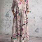 Women's Floral V-Neck Midi Dress with Smocked Waist and Pockets
