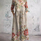 Women's Floral V-Neck Midi Dress with Smocked Waist and Pockets