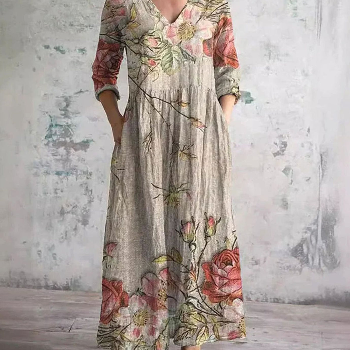 Women's Floral V-Neck Midi Dress with Smocked Waist and Pockets