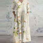 Women's Floral V-Neck Midi Dress with Smocked Waist and Pockets
