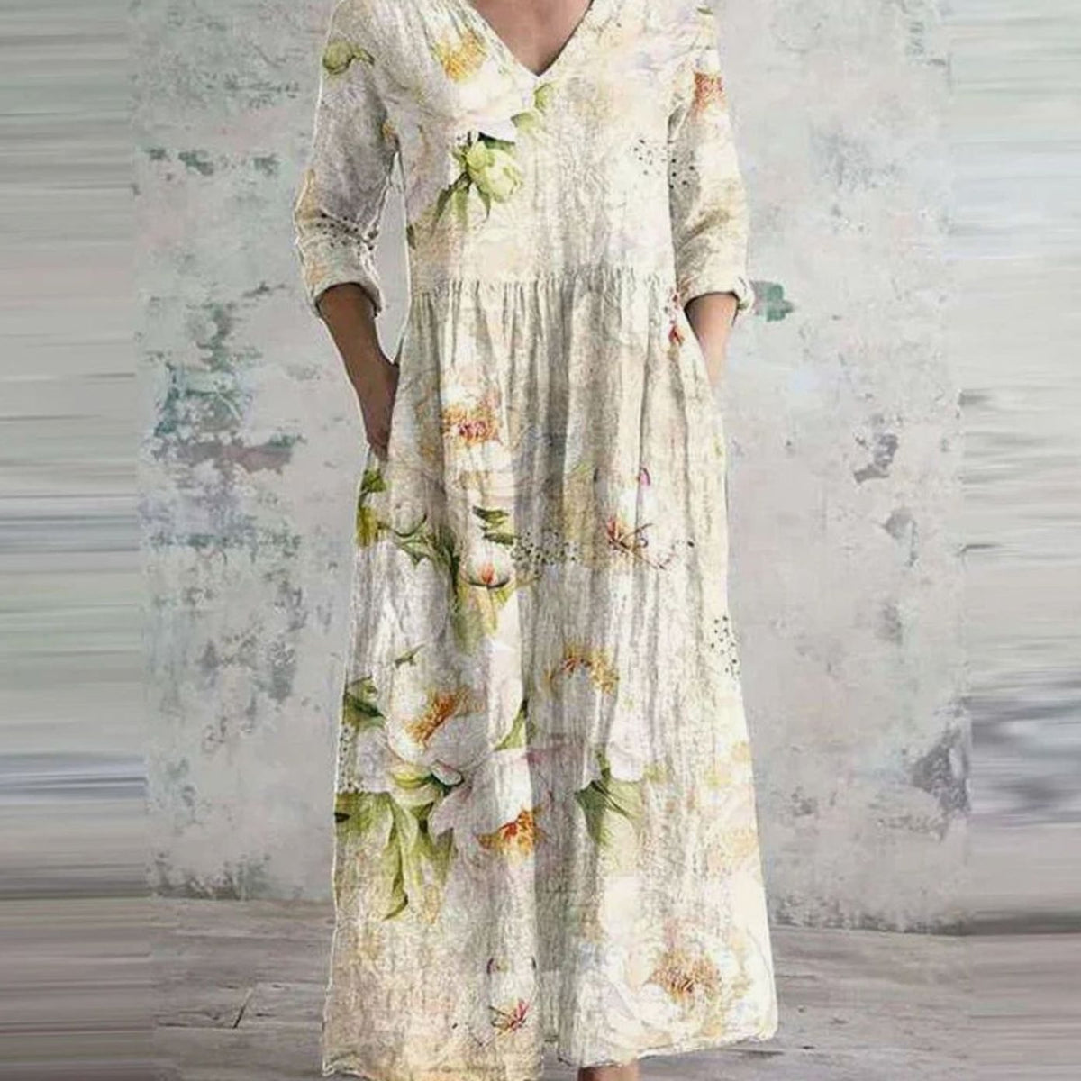 Women's Floral V-Neck Midi Dress with Smocked Waist and Pockets