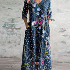 Women's Floral V-Neck Midi Dress with Smocked Waist and Pockets
