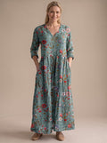 Women's Floral V-Neck Midi Dress with Smocked Waist and Pockets – Green