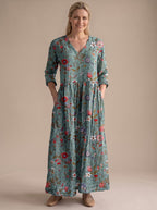 Women's Floral V-Neck Midi Dress with Smocked Waist and Pockets – Green