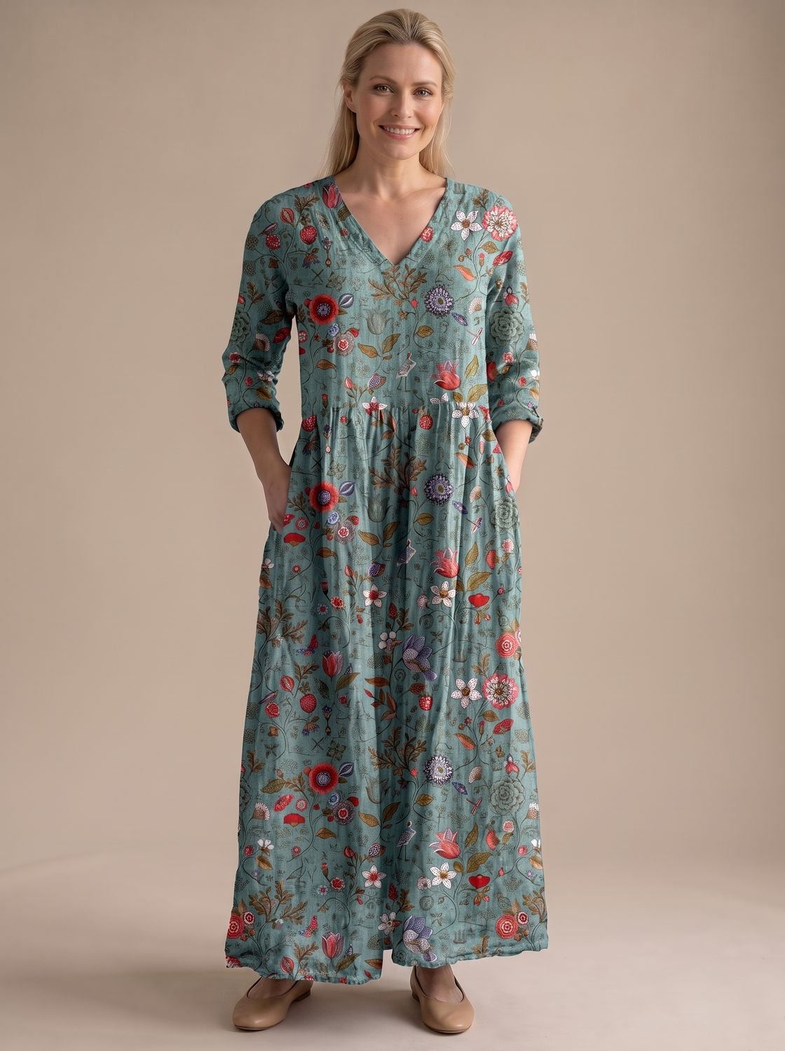 Women's Floral V-Neck Midi Dress with Smocked Waist and Pockets – Green