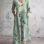 Women's Floral V-Neck Midi Dress with Smocked Waist and Pockets