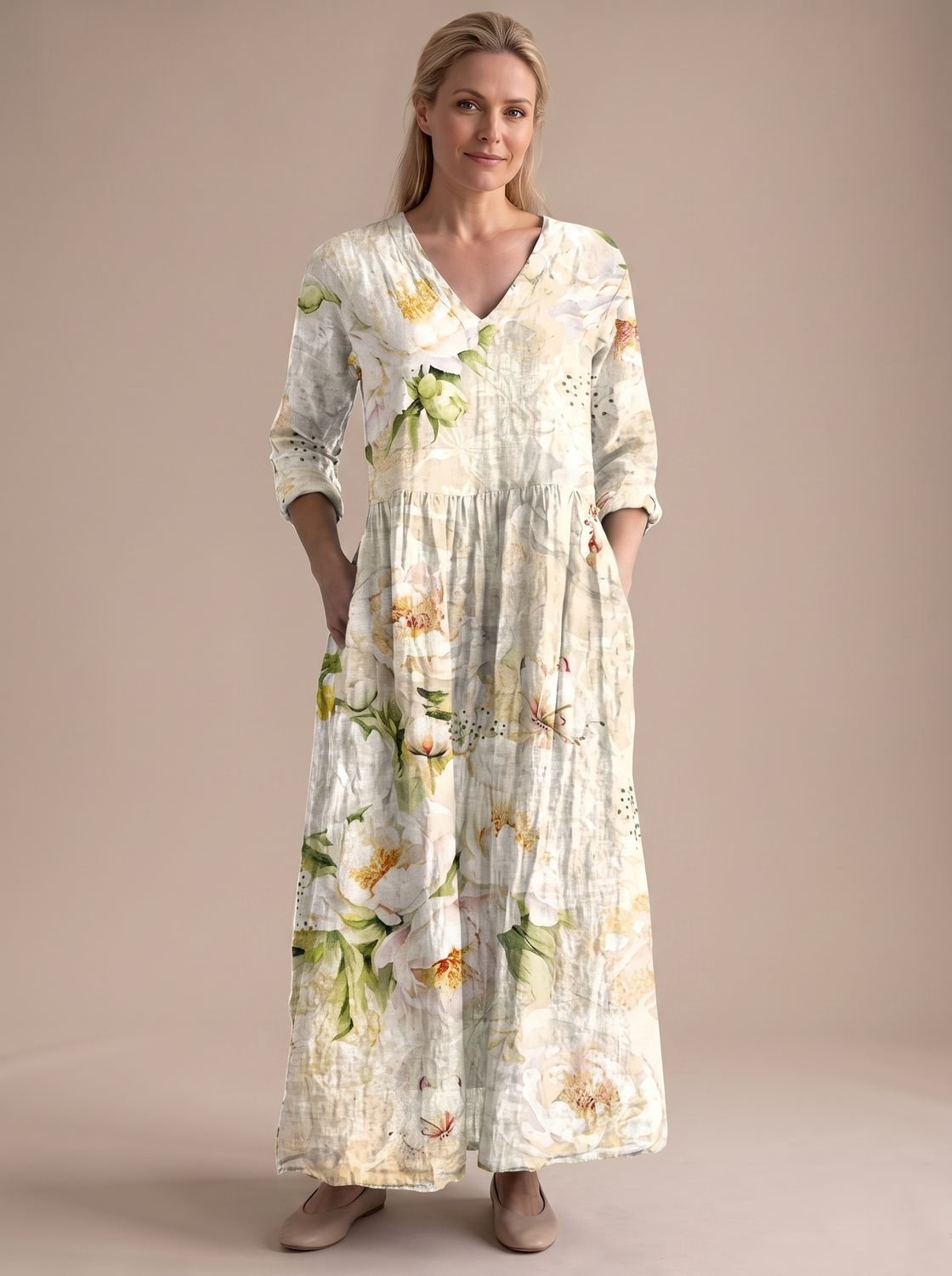 Women's Floral V-Neck Midi Dress with Smocked Waist and Pockets
