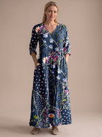 Women's Floral V-Neck Midi Dress with Smocked Waist and Pockets