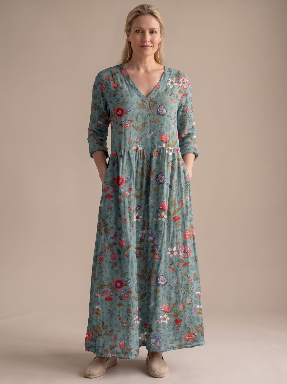 Women's Floral V-Neck Midi Dress with Smocked Waist and Pockets