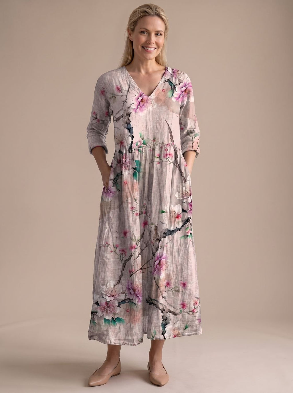 Women's Floral V-Neck Midi Dress with Smocked Waist and Pockets