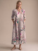 Women's Floral V-Neck Midi Dress with Smocked Waist and Pockets