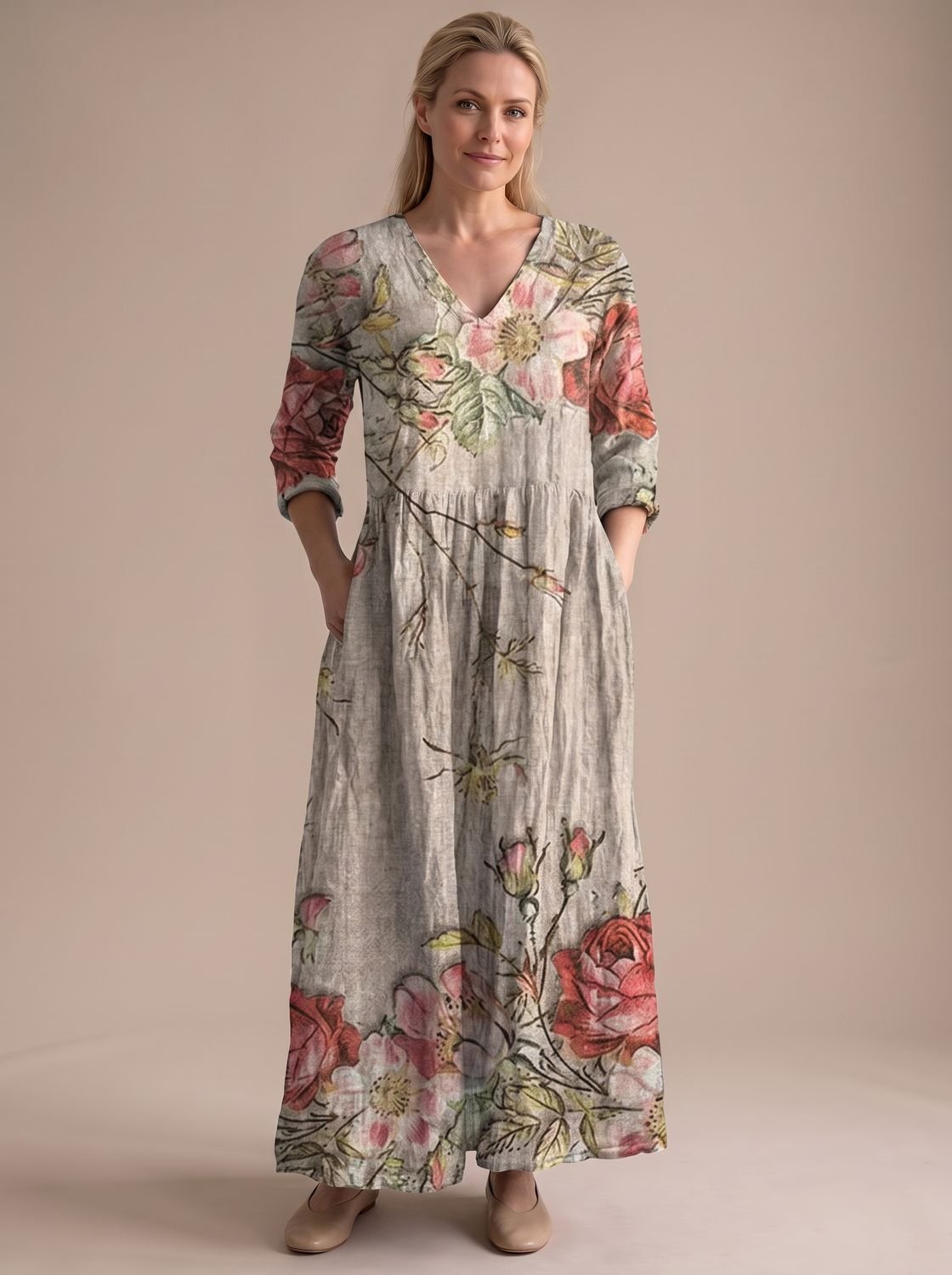 Women's Floral V-Neck Midi Dress with Smocked Waist and Pockets – Beige