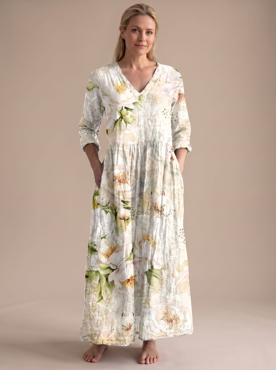 Women's Floral V-Neck Midi Dress with Smocked Waist and Pockets – White