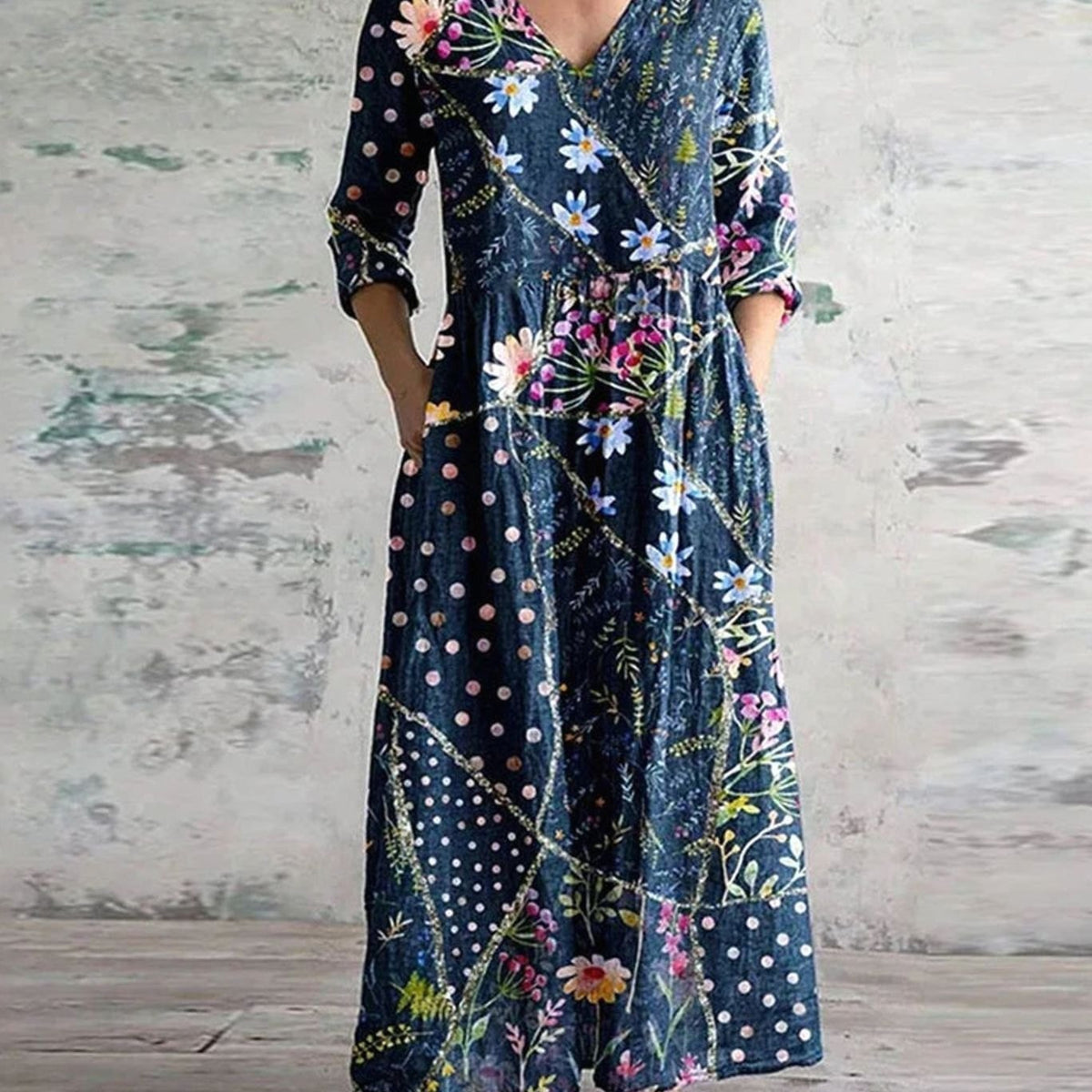 Women's Floral V-Neck Midi Dress with Smocked Waist and Pockets – Blue