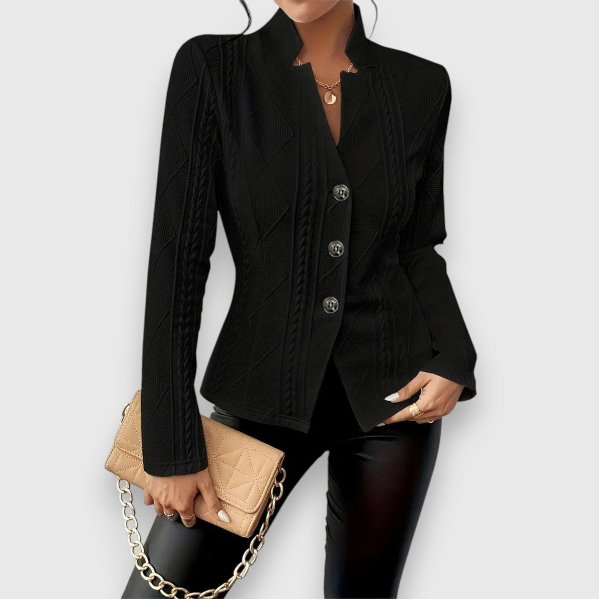 Women's Slim Cable-Knit Mock-Neck Jumper for Layering – Black