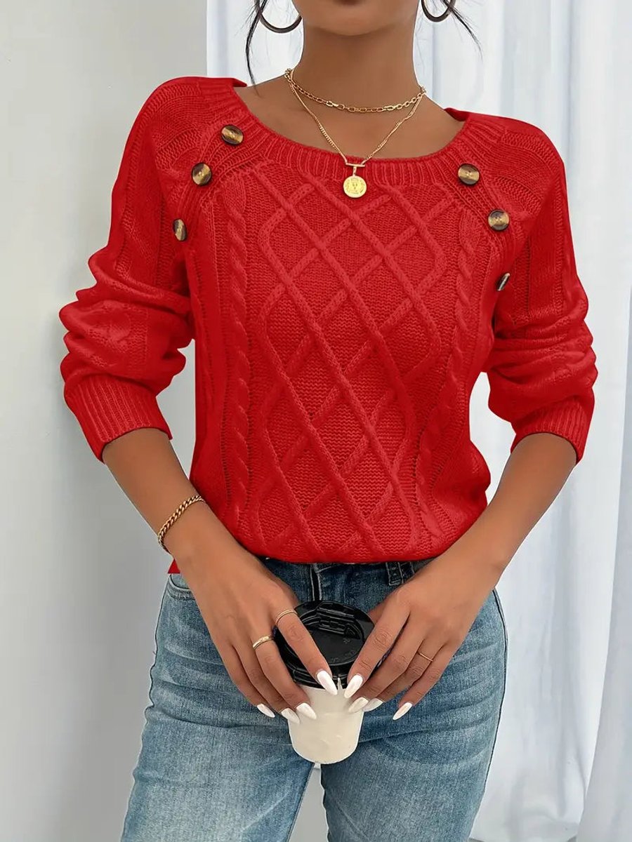 Women's Raglan Sleeve Knit Jumper with Shoulder Buttons – Red
