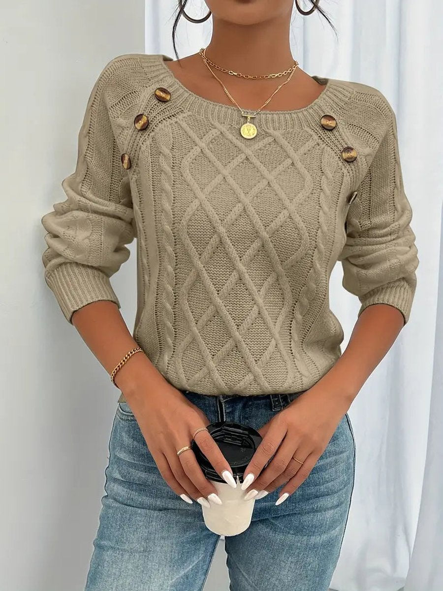 Women's Raglan Sleeve Knit Jumper with Shoulder Buttons – Khaki