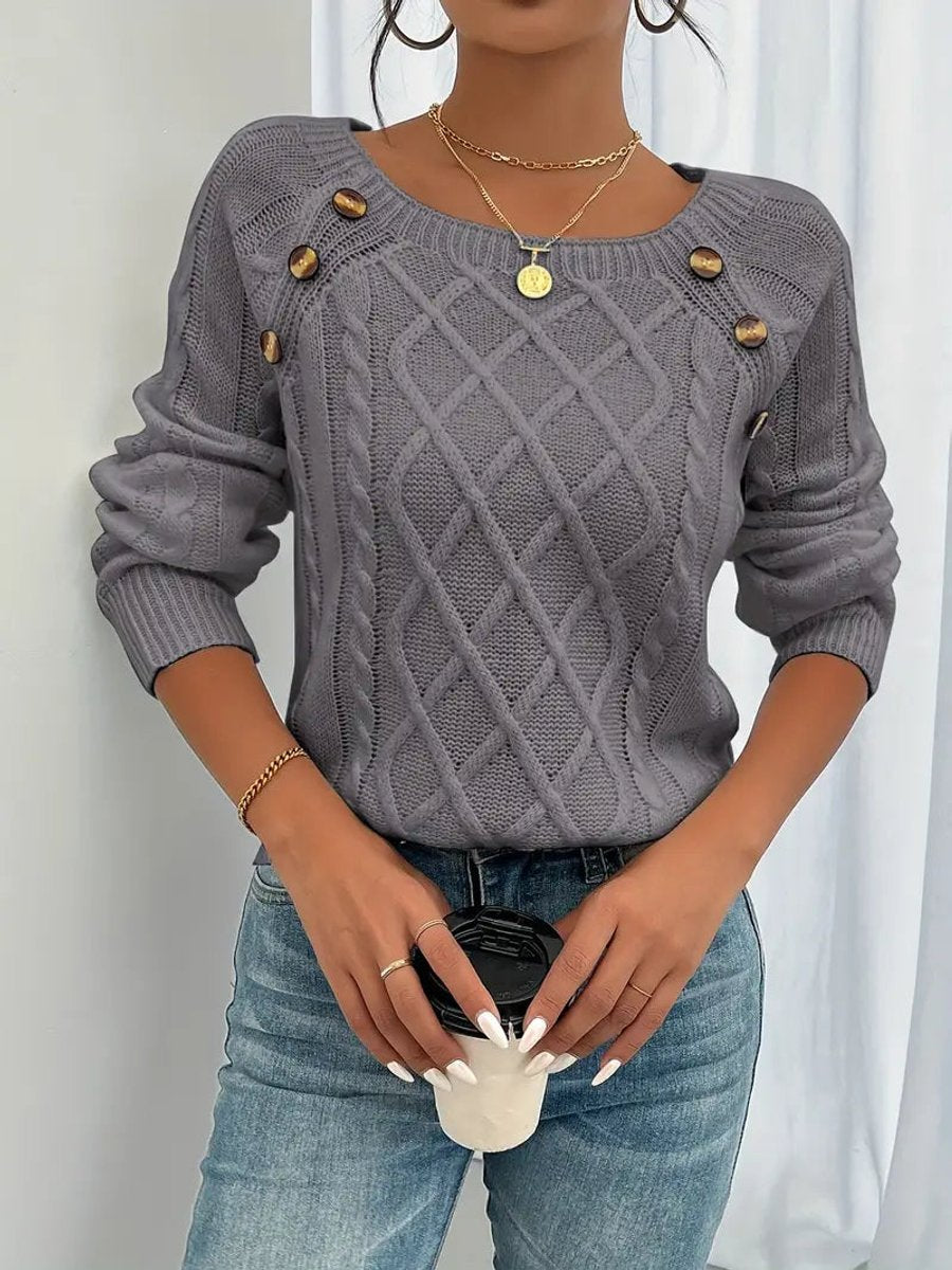 Women's Raglan Sleeve Knit Jumper with Shoulder Buttons – Dark Grey
