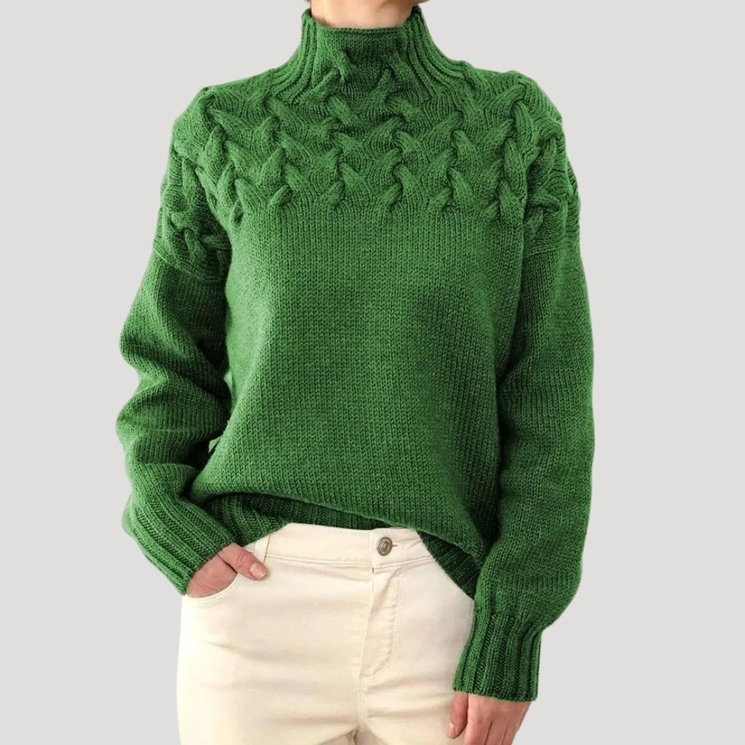 Women's Roll-Neck Cable-Knit Jumper with Textured Yoke – Green