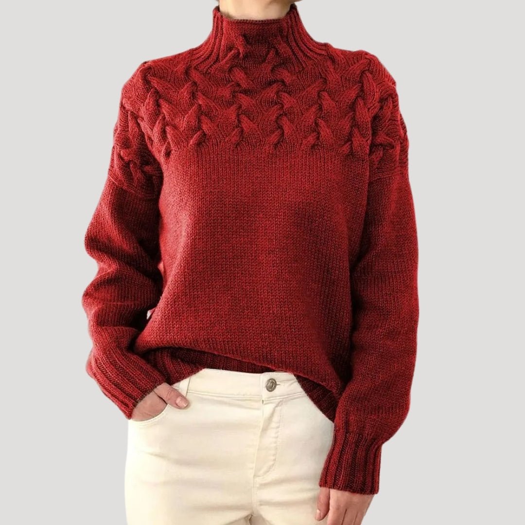 Women's Roll-Neck Cable-Knit Jumper with Textured Yoke – Red
