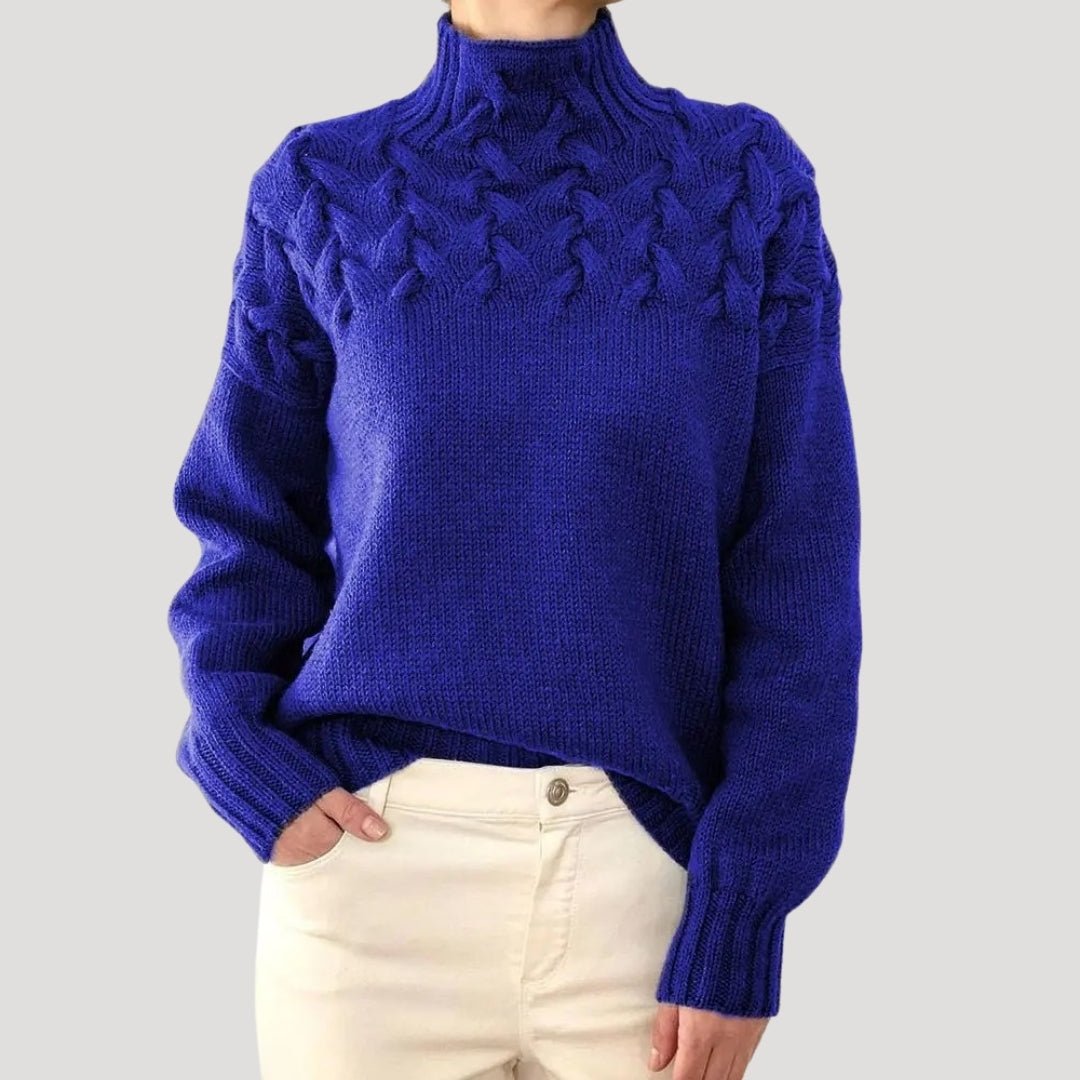 Women's Roll-Neck Cable-Knit Jumper with Textured Yoke – Blue