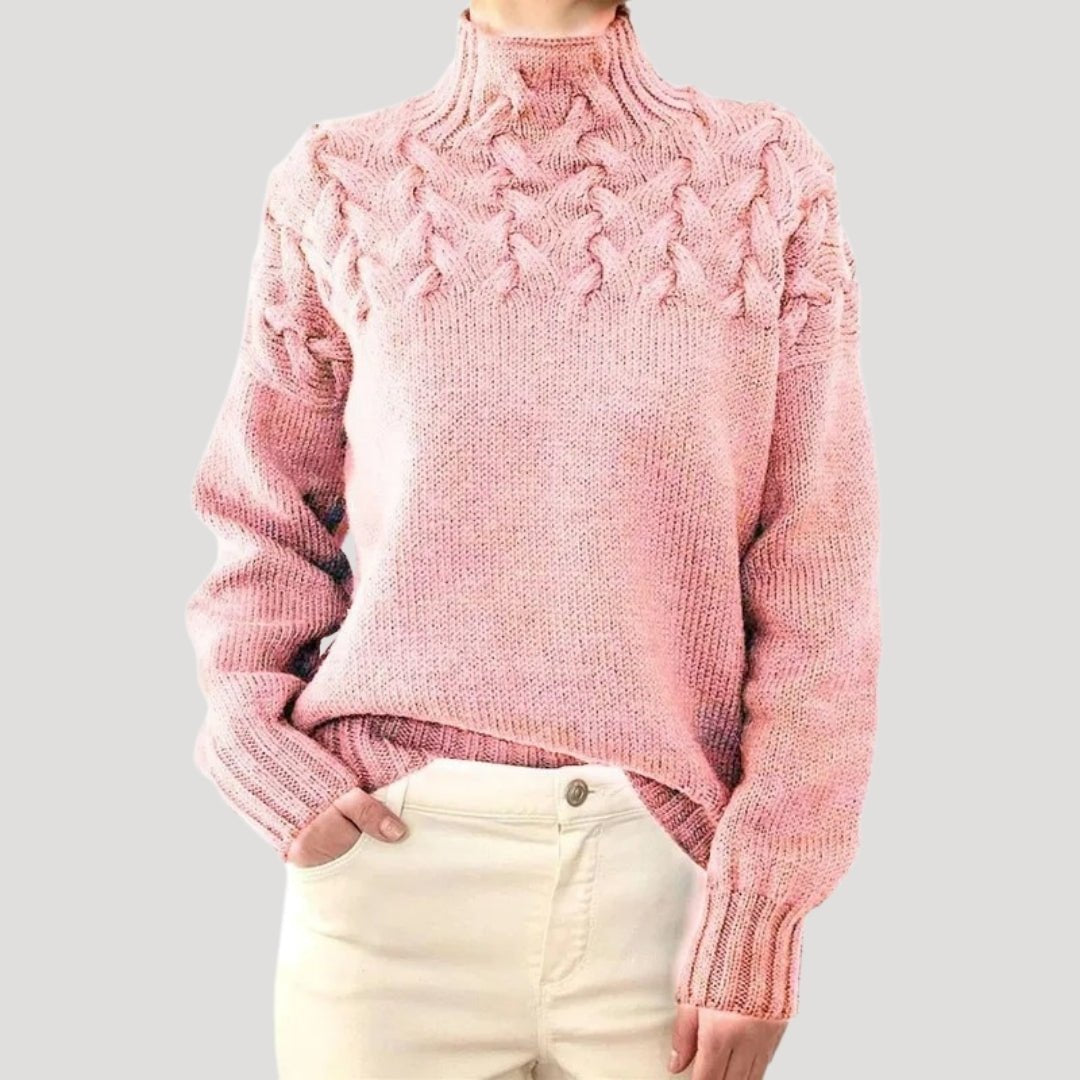 Women's Roll-Neck Cable-Knit Jumper with Textured Yoke – Light Pink