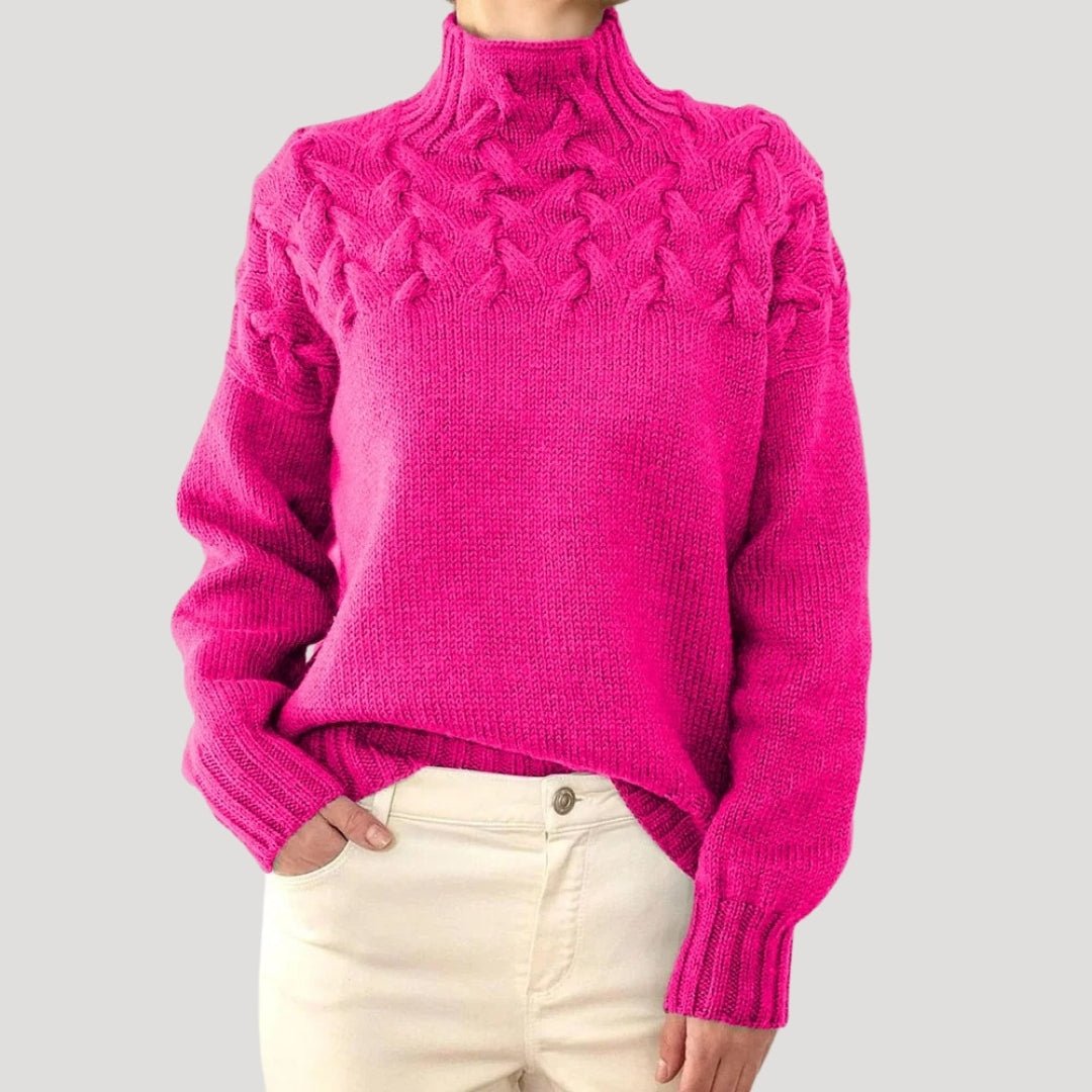 Women's Roll-Neck Cable-Knit Jumper with Textured Yoke – Pink
