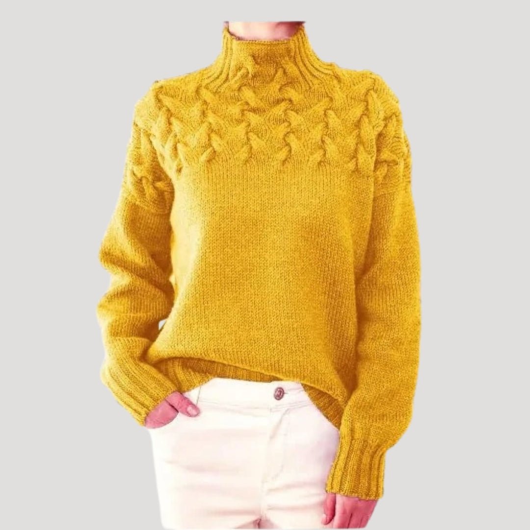 Women's Roll-Neck Cable-Knit Jumper with Textured Yoke – Yellow