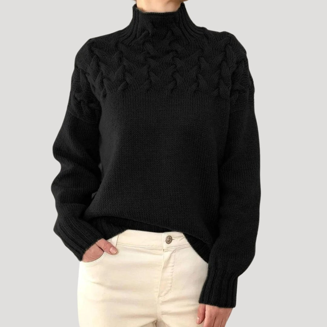 Women's Roll-Neck Cable-Knit Jumper with Textured Yoke – Black