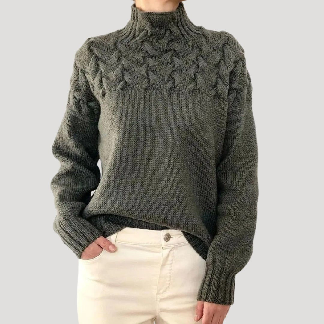 Women's Roll-Neck Cable-Knit Jumper with Textured Yoke – Grey