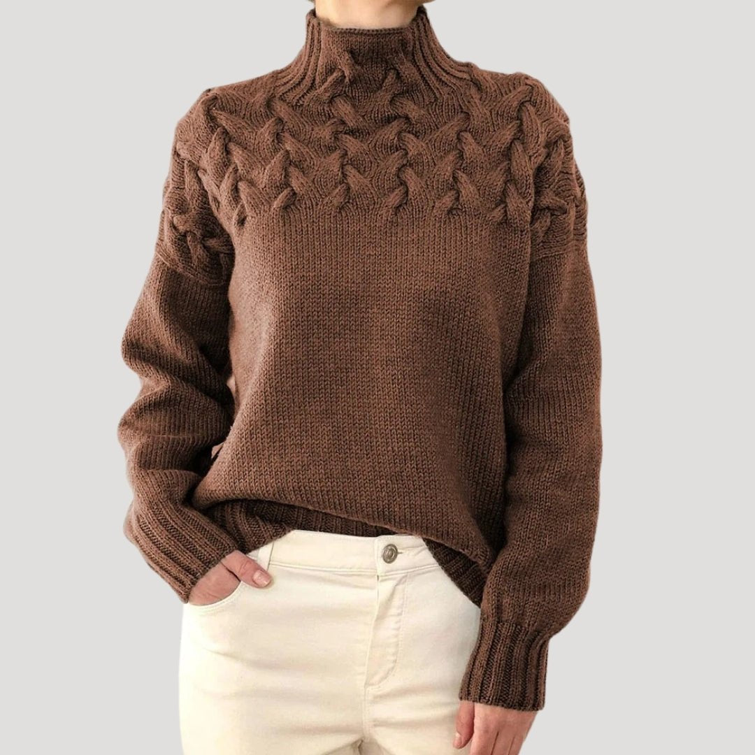 Women's Roll-Neck Cable-Knit Jumper with Textured Yoke – Brown