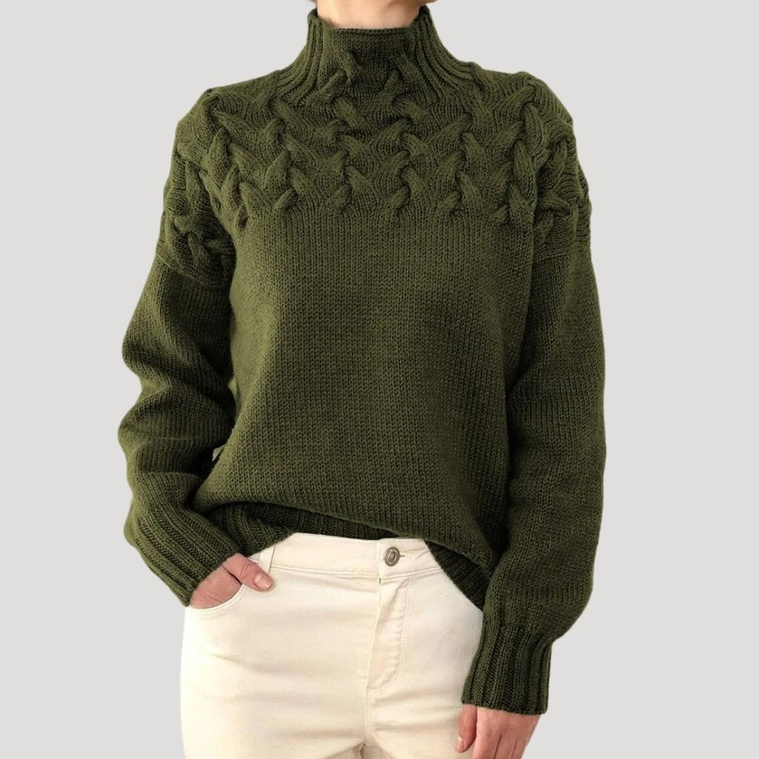 Women's Roll-Neck Cable-Knit Jumper with Textured Yoke – Dark Green