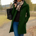 Women's Knee-Grazing Wool-Blend Coat with Single-Breasted Buttons – Dark Green
