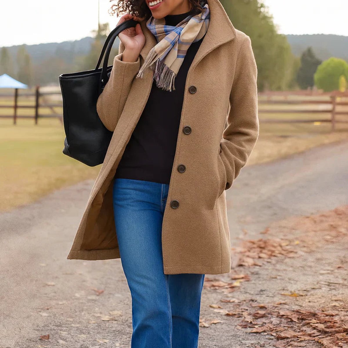 Women's Knee-Grazing Wool-Blend Coat with Single-Breasted Buttons – Khaki