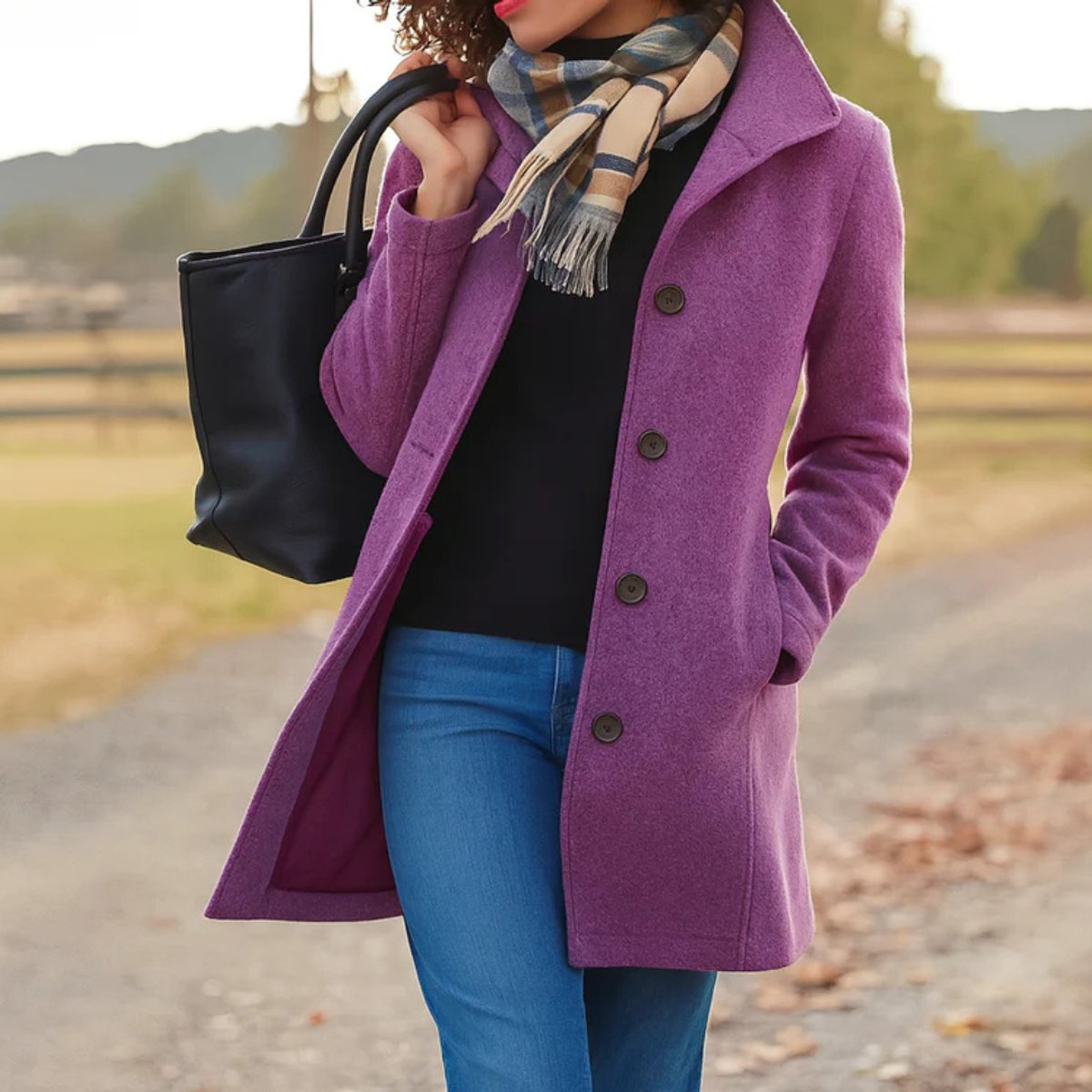 Women's Knee-Grazing Wool-Blend Coat with Single-Breasted Buttons – Purple