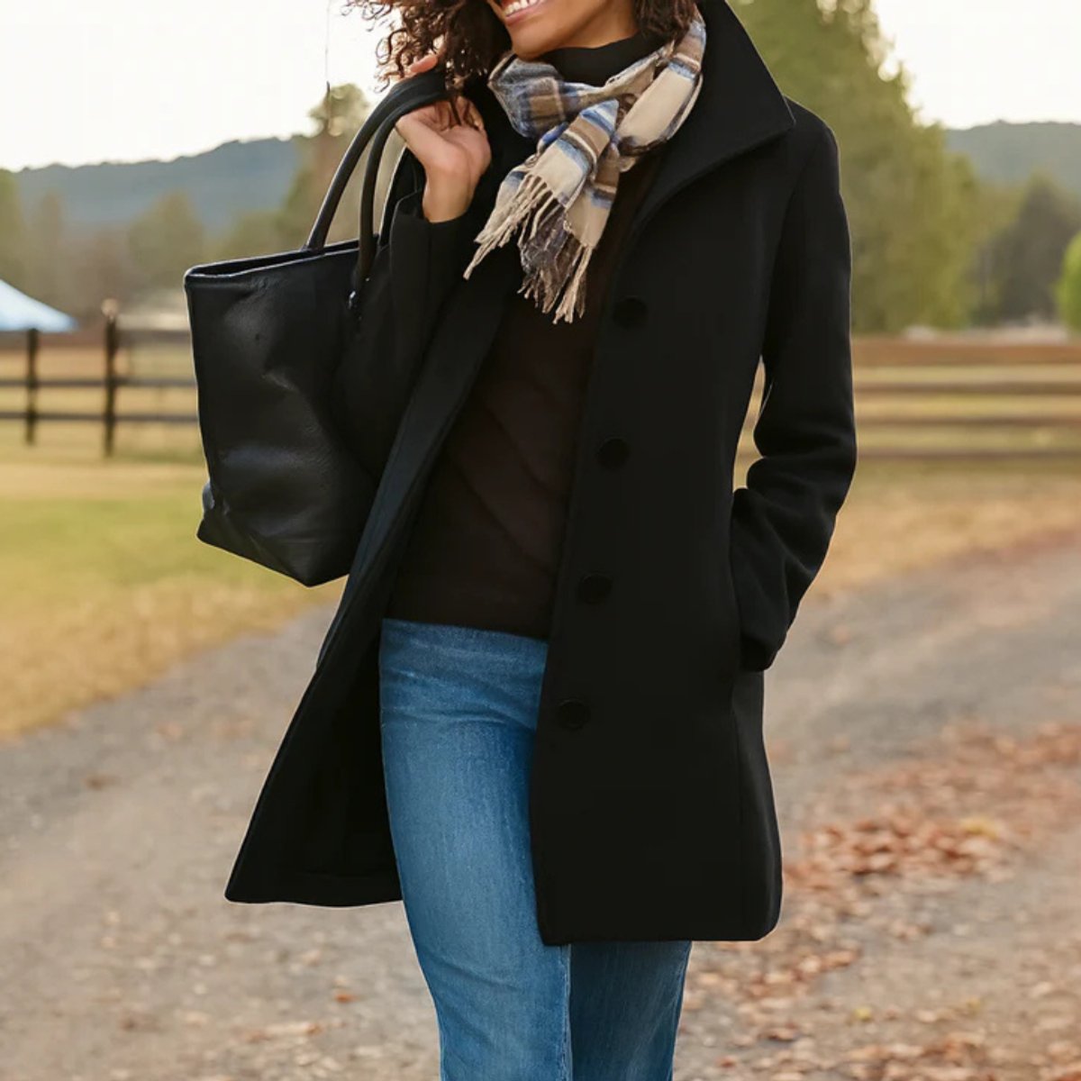 Women's Knee-Grazing Wool-Blend Coat with Single-Breasted Buttons – Black