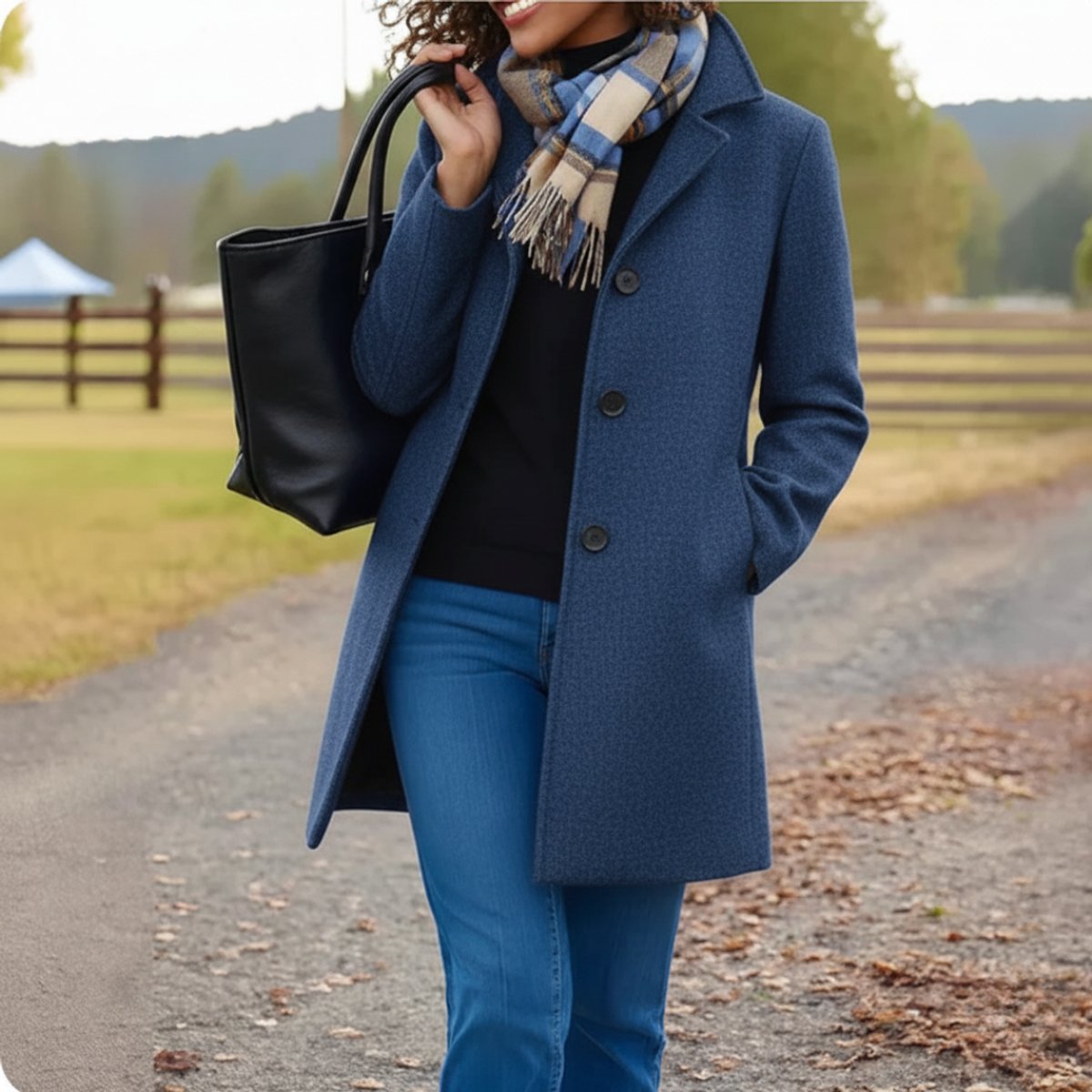 Women's Knee-Grazing Wool-Blend Coat with Single-Breasted Buttons – Blue