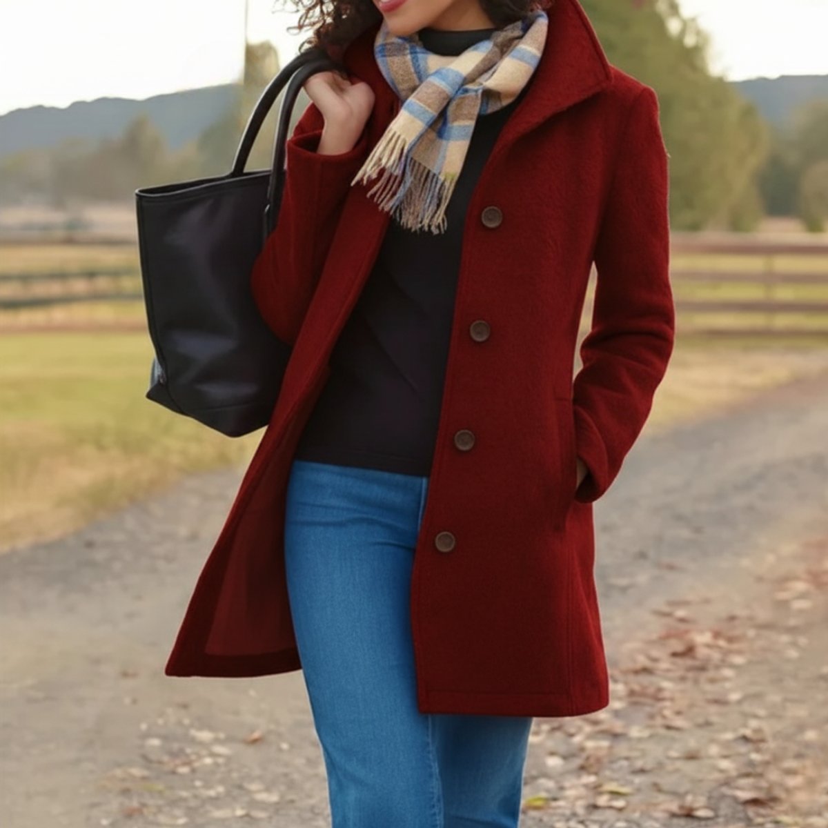 Women's Knee-Grazing Wool-Blend Coat with Single-Breasted Buttons – Red