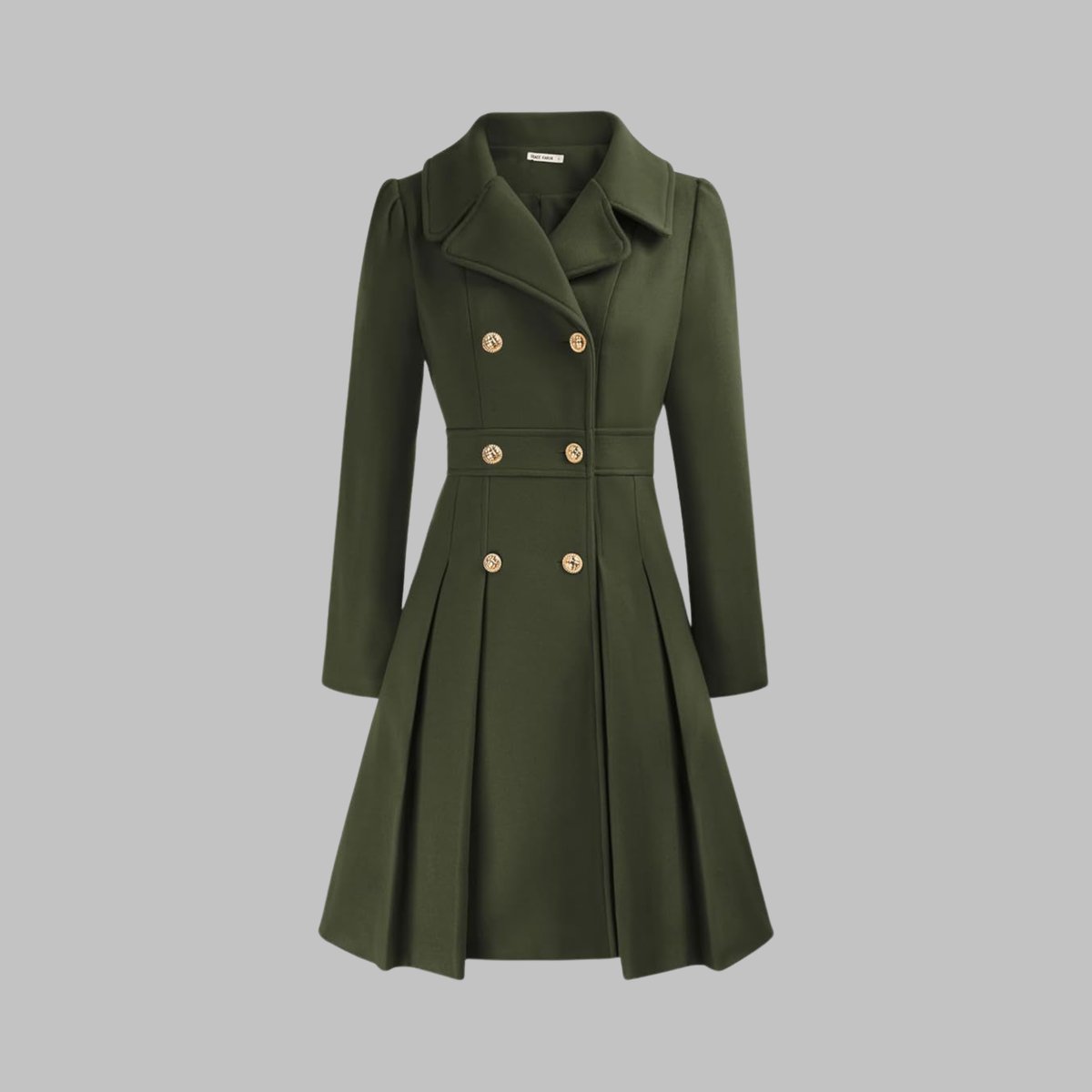 Women's A-Line Overcoat Pleated Hem Double Breasted Buttons – Army Green