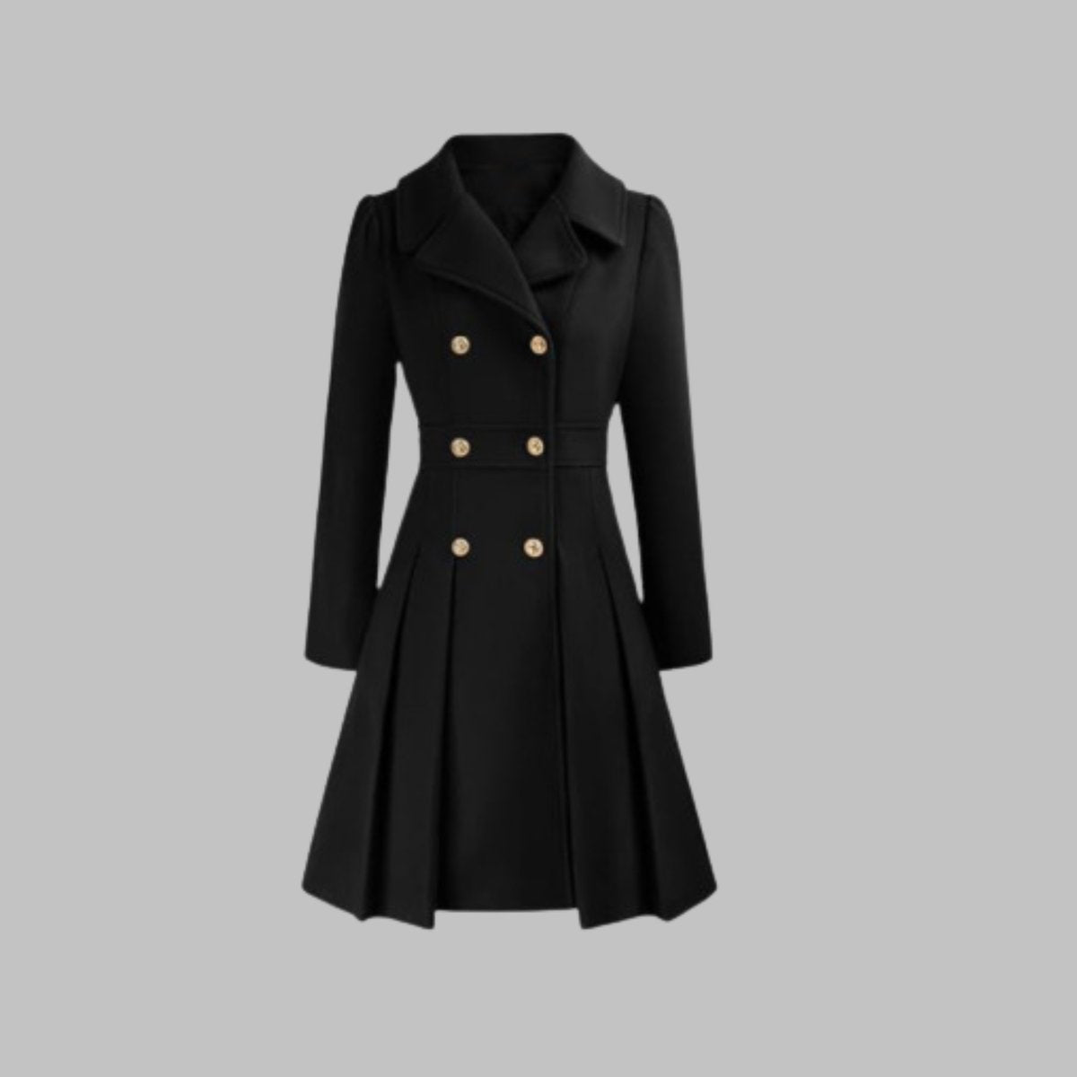 Women's A-Line Overcoat Pleated Hem Double Breasted Buttons – Black
