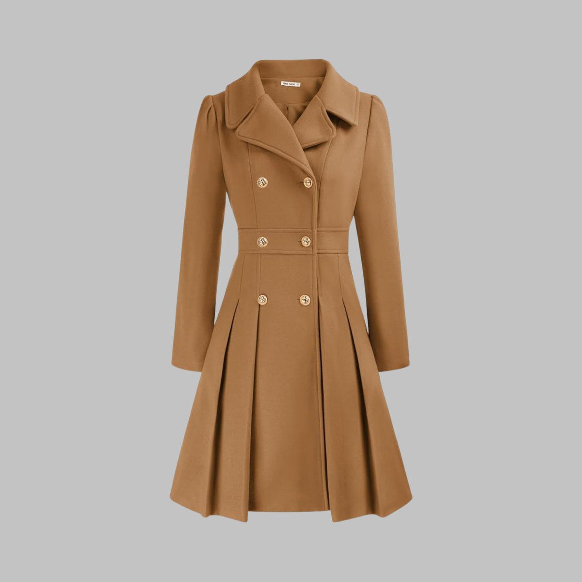 Women's A-Line Overcoat Pleated Hem Double Breasted Buttons – Camel