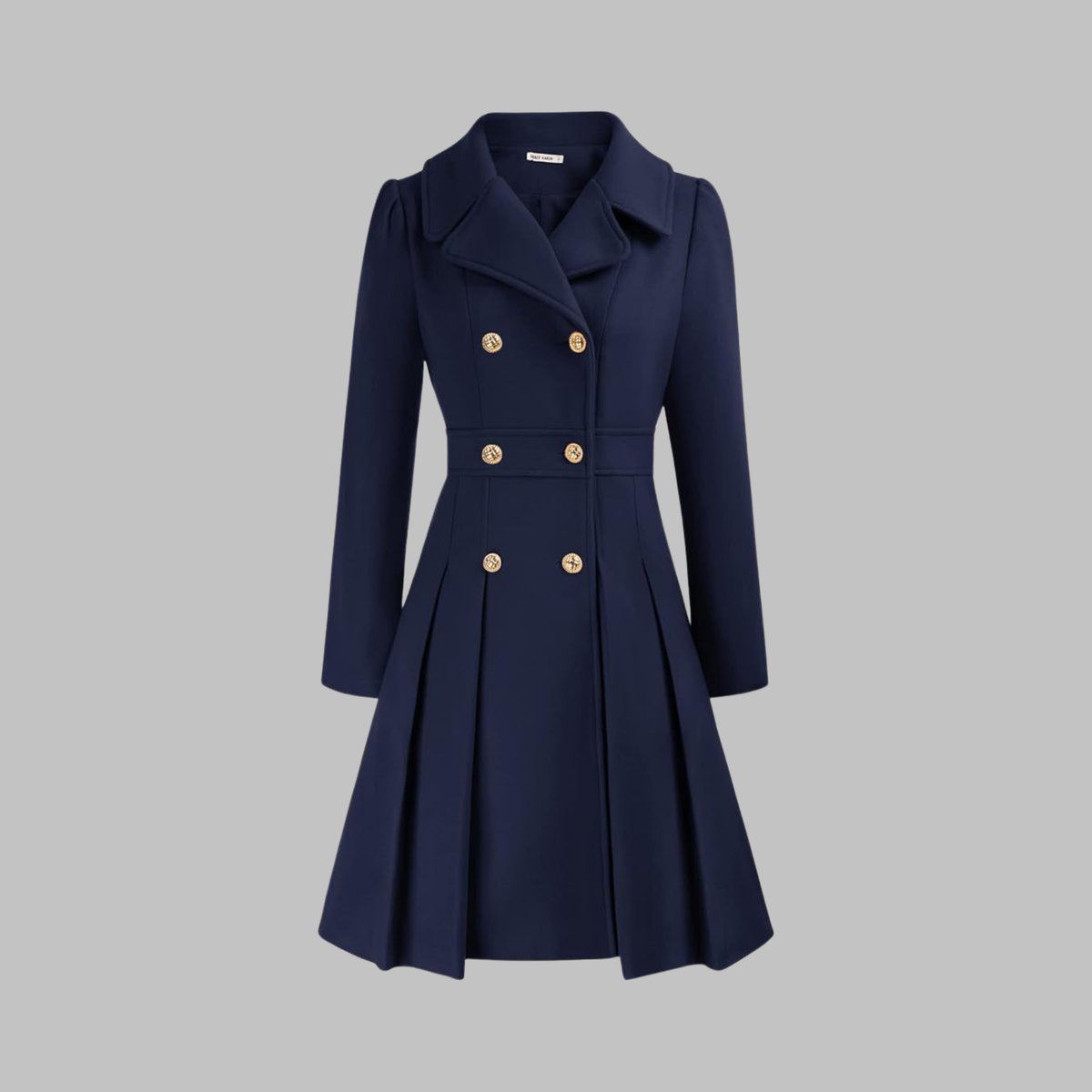 Women's A-Line Overcoat Pleated Hem Double Breasted Buttons – Dark Blue